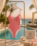 red candy stripe swimsuit